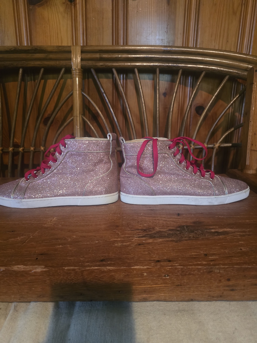 Christian Louboutin Sparkly Pink High Top Sneakers with Hot Pink Laces - Picture 10 of 16